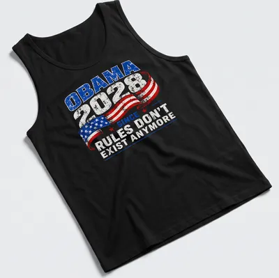 Retro distressed t-shirt featuring Obama 2028 text and American flag colors — printed on a tank top