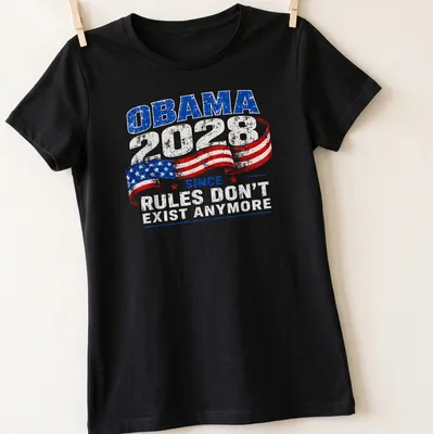 Retro distressed t-shirt featuring Obama 2028 text and American flag colors — printed on a women's shirt