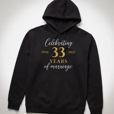 33 Years of Marriage shirt featuring elegant lettering in gold and white — printed on a unisex hoodie