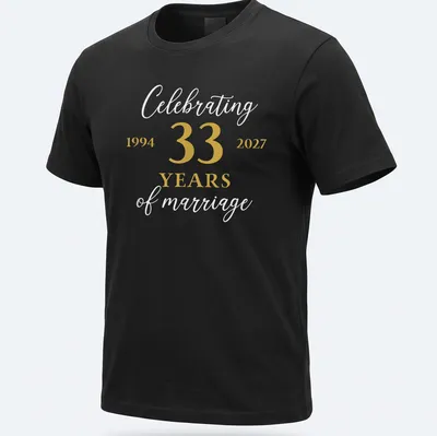 33 Years of Marriage shirt featuring elegant lettering in gold and white