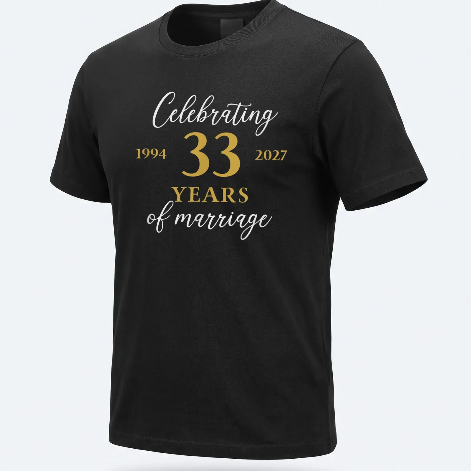 33 Years of Marriage shirt featuring elegant lettering in gold and white — printed on a unisex t-shirt