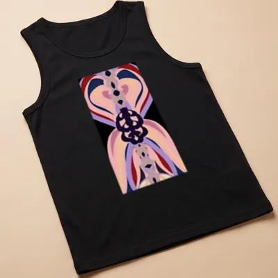 Abstract butterfly design in pink, purple, black, red, and cream on — printed on a tank top