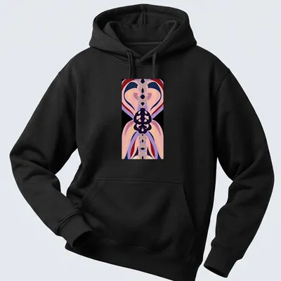 Abstract butterfly design in pink, purple, black, red, and cream on — printed on a unisex hoodie
