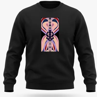 Abstract butterfly design in pink, purple, black, red, and cream on — printed on a unisex sweatshirt