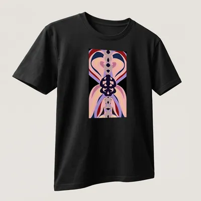 Abstract butterfly design in pink, purple, black, red, and cream on — printed on a unisex t-shirt (angled view)