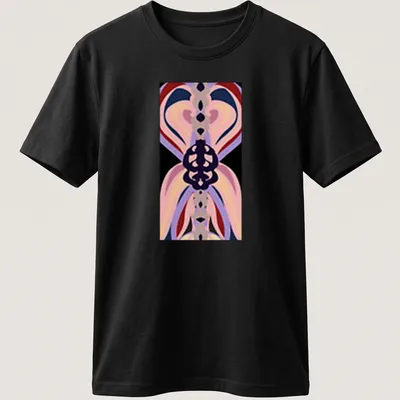 Abstract butterfly design in pink, purple, black, red, and cream on T-shirt
