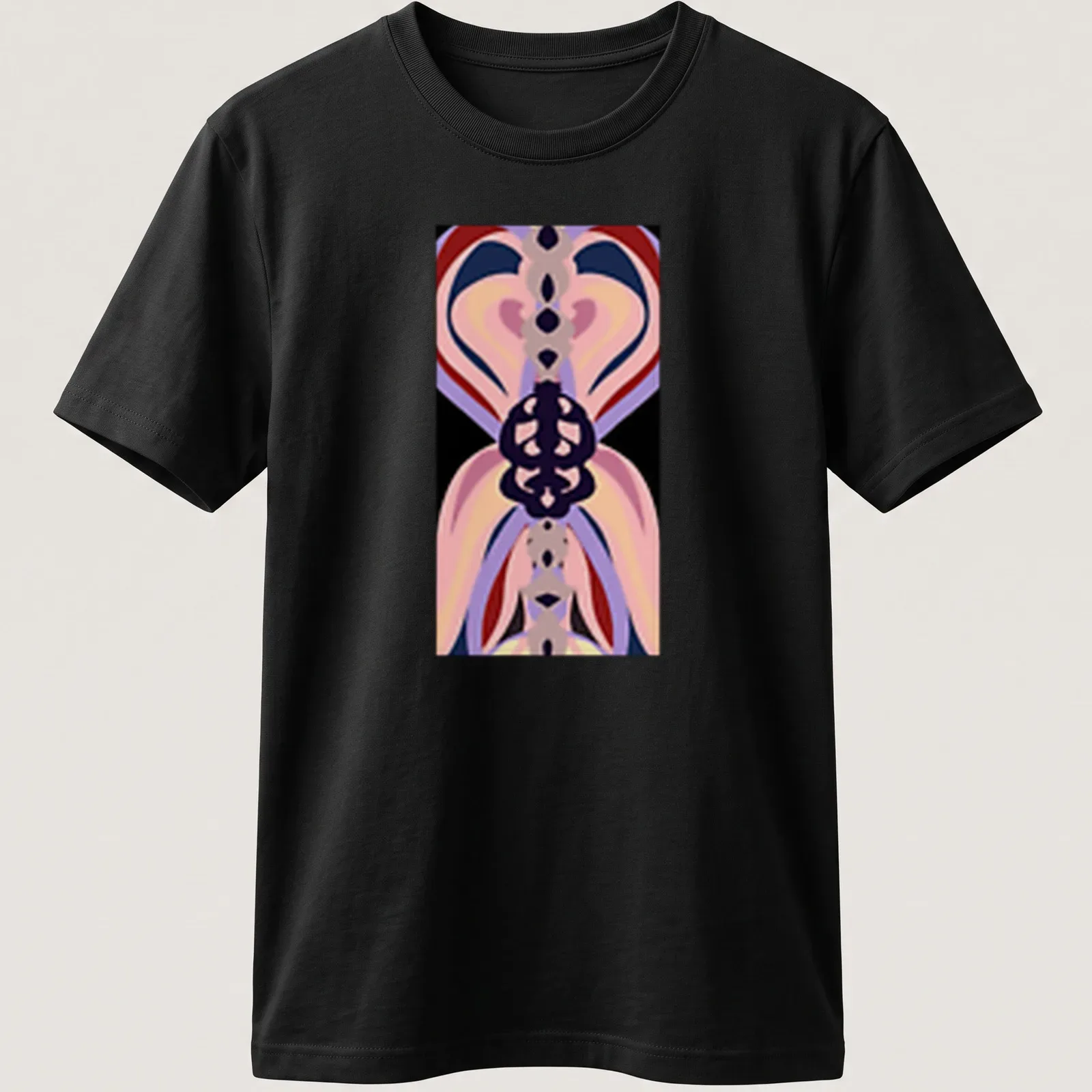 Abstract butterfly design in pink, purple, black, red, and cream on — printed on a unisex t-shirt