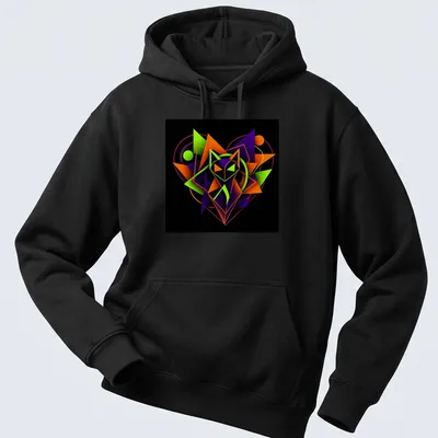 Abstract fox graphic with geometric shapes and the text Love In Every Shape — printed on a unisex hoodie