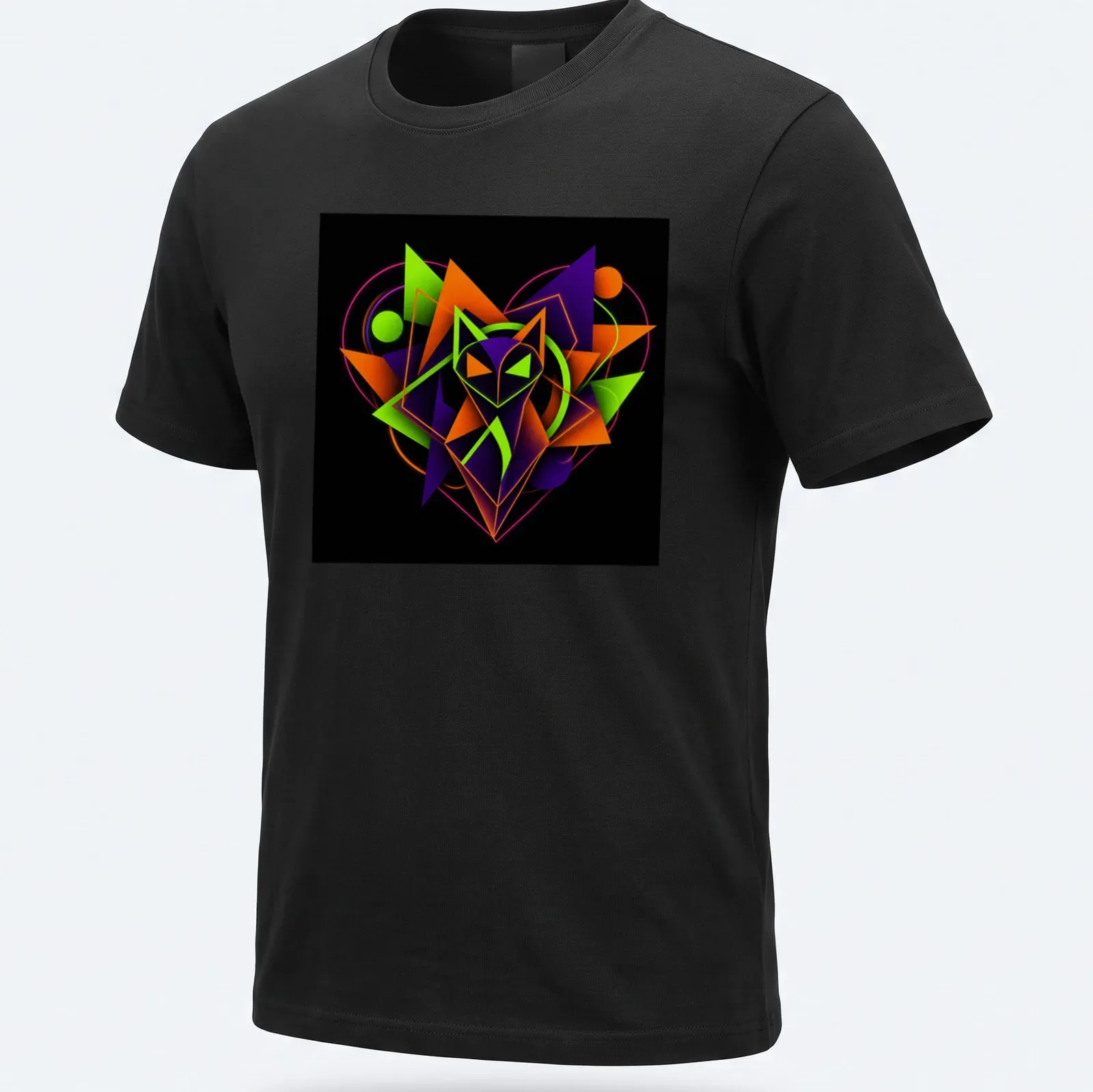 Abstract fox graphic with geometric shapes and the text Love In Every Shape — printed on a unisex t-shirt