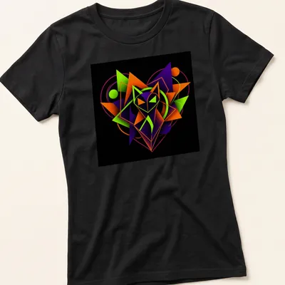 Abstract fox graphic with geometric shapes and the text Love In Every Shape — printed on a women's shirt