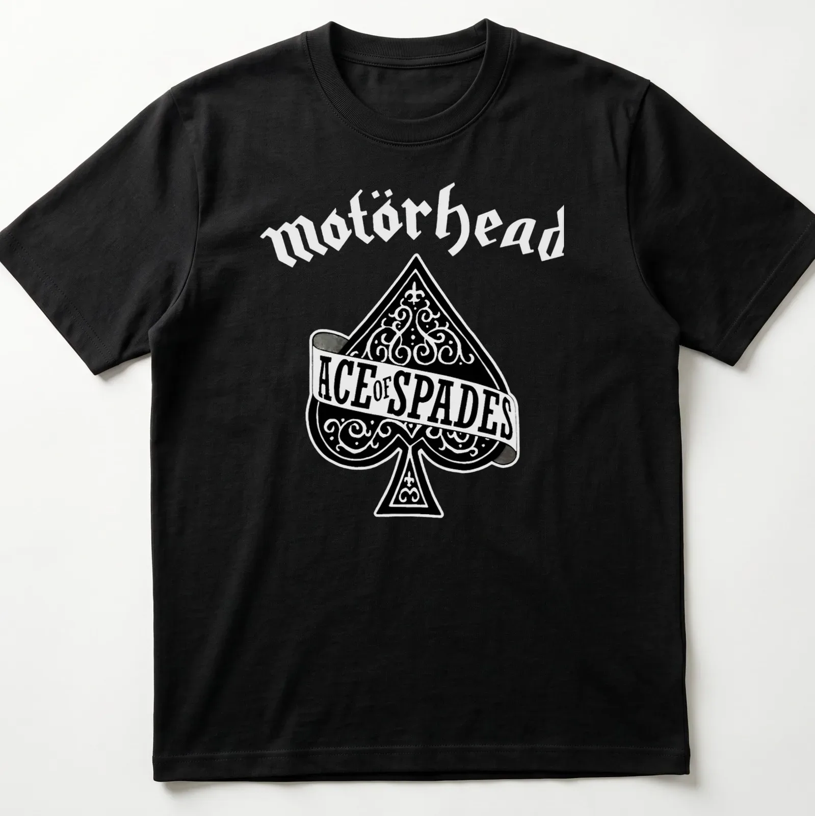 Ornate typography design featuring the text Ace of Spades and a spade symbol — printed on a unisex t-shirt