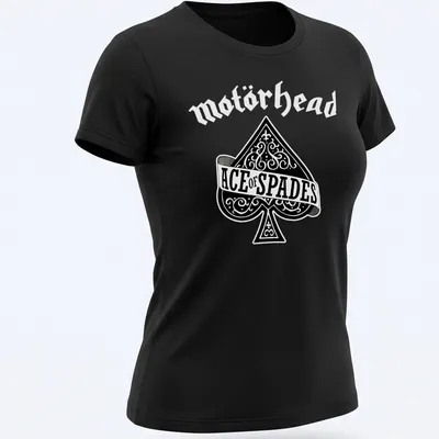 Ornate typography design featuring the text Ace of Spades and a spade symbol — printed on a women's shirt