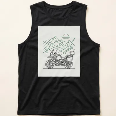 Minimalist line-art of a motorcycle, evoking adventure in green and white — printed on a tank top