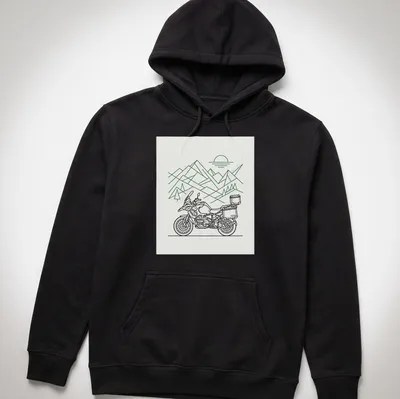 Minimalist line-art of a motorcycle, evoking adventure in green and white — printed on a unisex hoodie