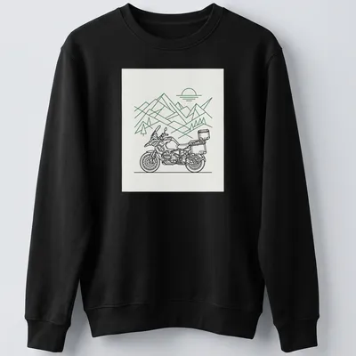 Minimalist line-art of a motorcycle, evoking adventure in green and white — printed on a unisex sweatshirt