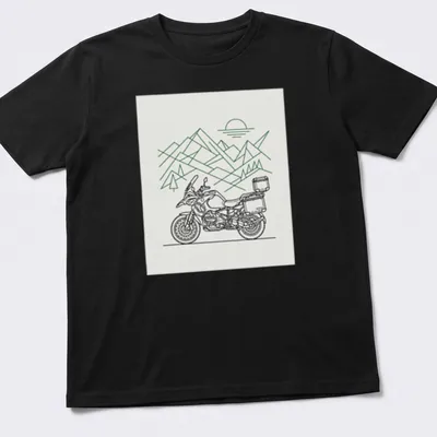 Minimalist line-art of a motorcycle, evoking adventure in green and white — printed on a unisex t-shirt