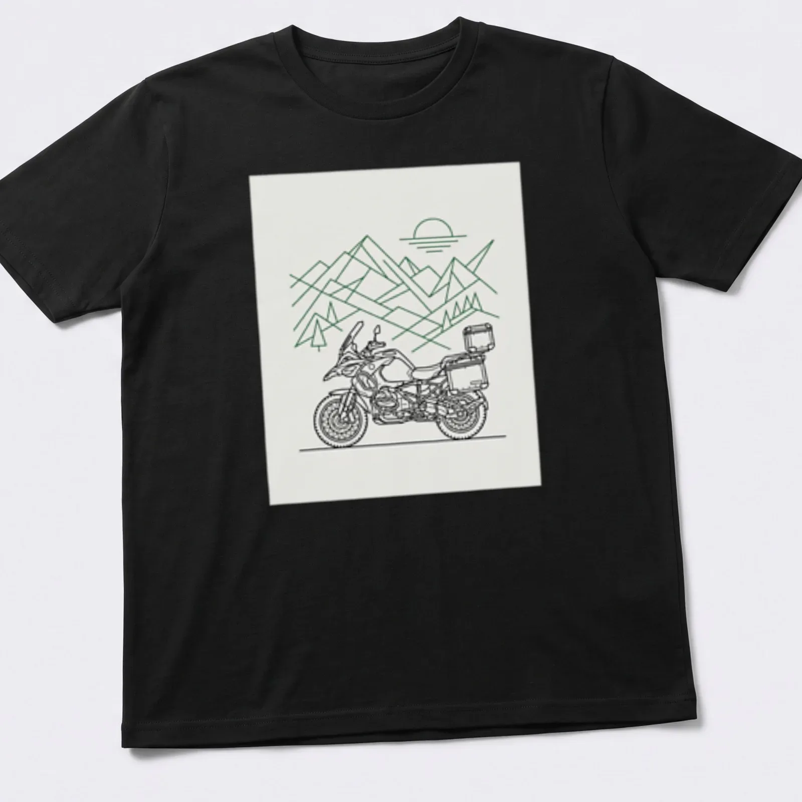 Minimalist line-art of a motorcycle, evoking adventure in green and white — printed on a unisex t-shirt