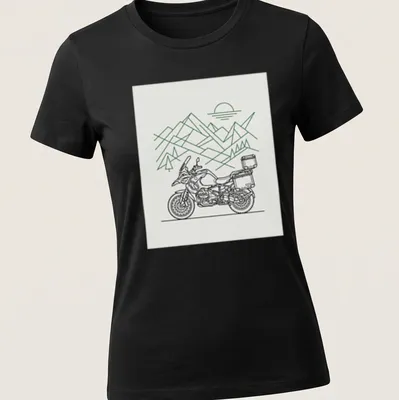 Minimalist line-art of a motorcycle, evoking adventure in green and white — printed on a women's shirt