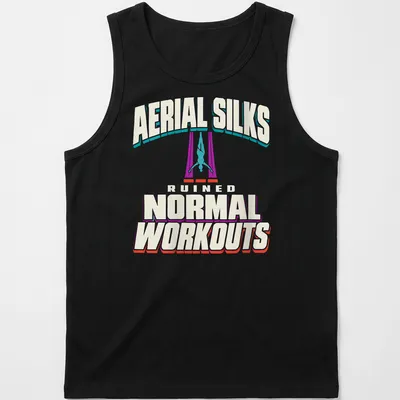 Bold graphic t-shirt featuring aerial silks performer and playful text — printed on a tank top