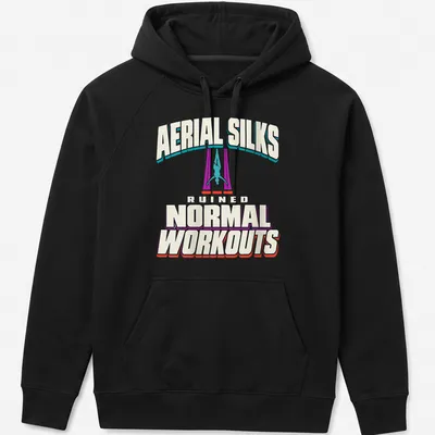 Bold graphic t-shirt featuring aerial silks performer and playful text — printed on a unisex hoodie