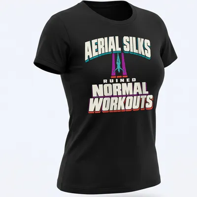 Bold graphic t-shirt featuring aerial silks performer and playful text — printed on a women's shirt