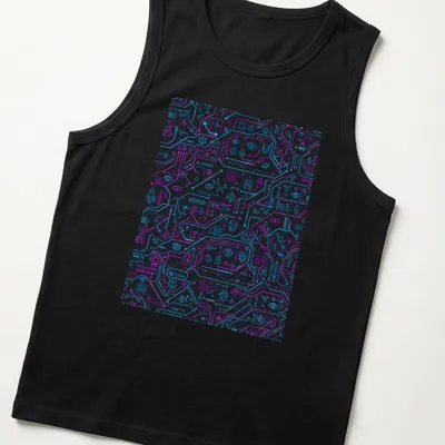 Aesthetic circuit pattern T-shirt with neon blue and pink details on a black background — printed on a tank top
