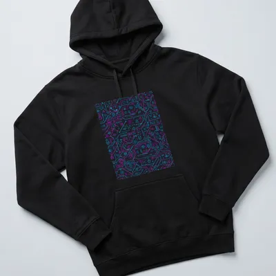 Aesthetic circuit pattern T-shirt with neon blue and pink details on a black background — printed on a unisex hoodie