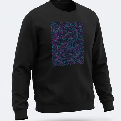 Aesthetic circuit pattern T-shirt with neon blue and pink details on a black background — printed on a unisex sweatshirt