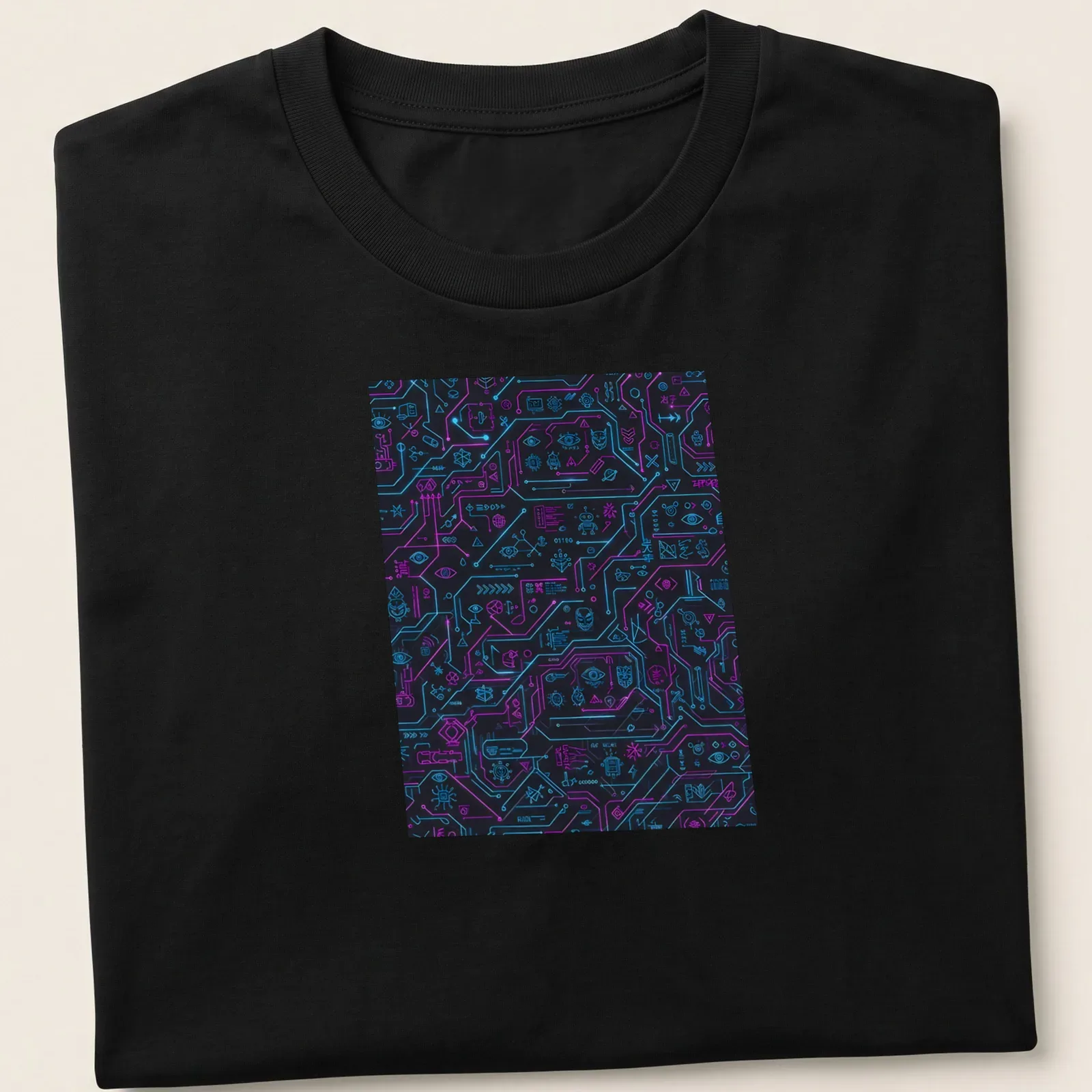 Aesthetic circuit pattern T-shirt with neon blue and pink details on a black background — printed on a unisex t-shirt