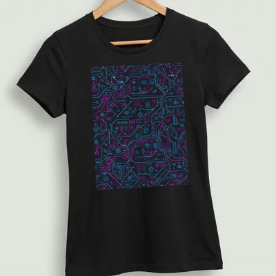 Aesthetic circuit pattern T-shirt with neon blue and pink details on a black background — printed on a women's shirt