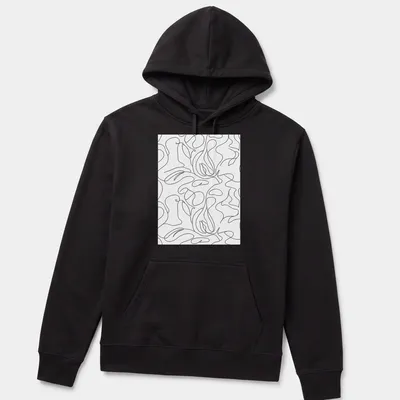 Minimalist black and white abstract line art pattern — printed on a unisex hoodie
