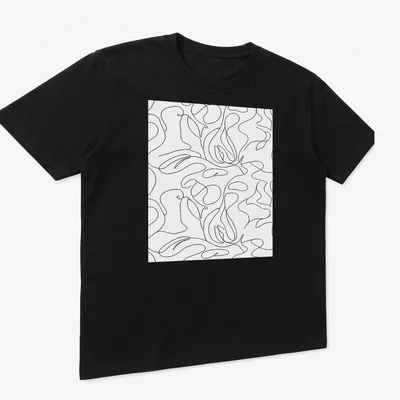 Minimalist black and white abstract line art pattern — printed on a unisex t-shirt (angled view)