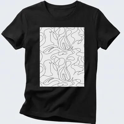 Minimalist black and white abstract line art pattern — printed on a women's shirt