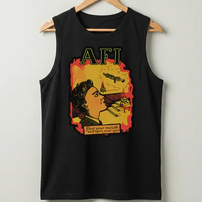 Illustrative retro t-shirt featuring thoughtful person and printed text — printed on a tank top