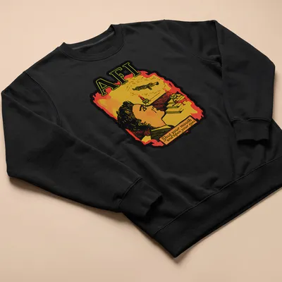 Illustrative retro t-shirt featuring thoughtful person and printed text — printed on a unisex sweatshirt