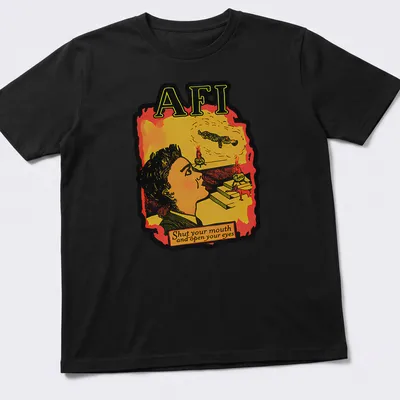 Illustrative retro t-shirt featuring thoughtful person and printed text