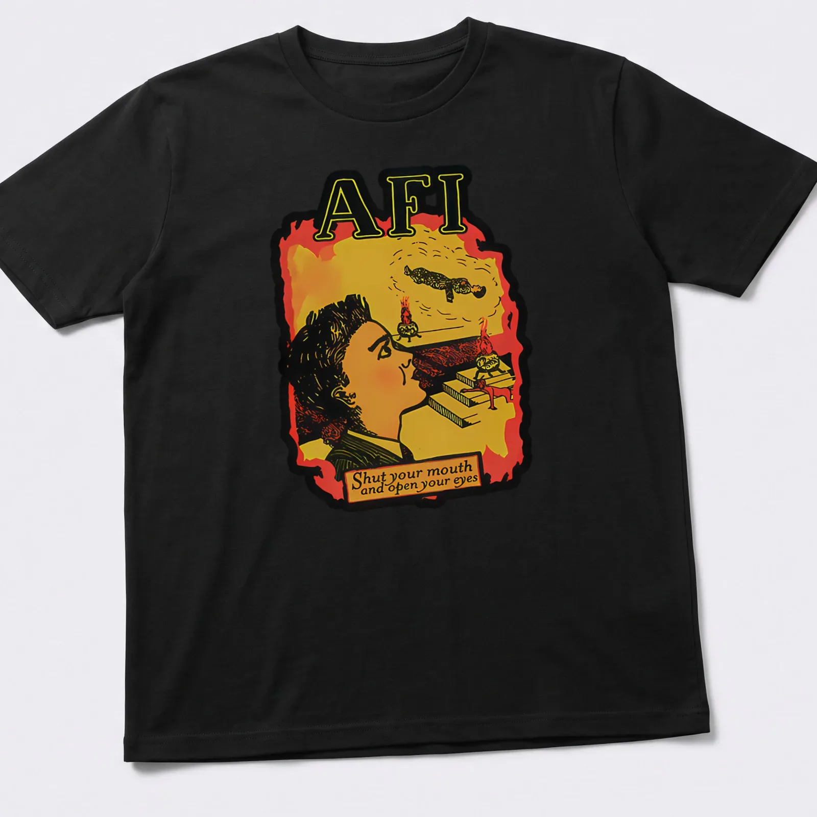 Illustrative retro t-shirt featuring thoughtful person and printed text — printed on a unisex t-shirt