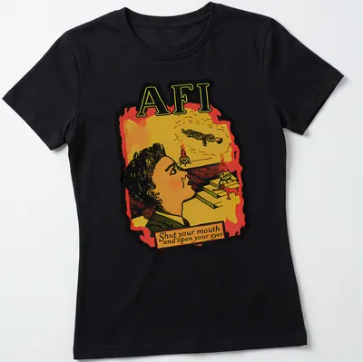 Illustrative retro t-shirt featuring thoughtful person and printed text — printed on a women's shirt