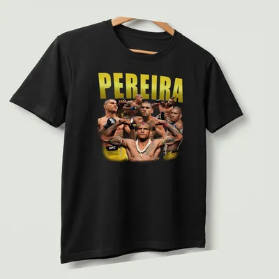 Vintage T-shirt with the name Pereira printed in gold, black, and white. — printed on a unisex t-shirt (angled view)