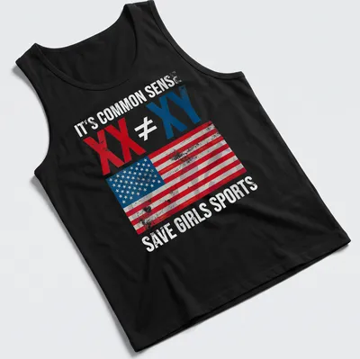 Distressed vintage T-shirt with American flag and bold text on saving girls sports. — printed on a tank top