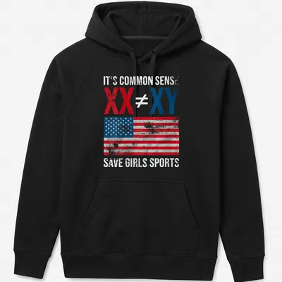 Distressed vintage T-shirt with American flag and bold text on saving girls sports. — printed on a unisex hoodie