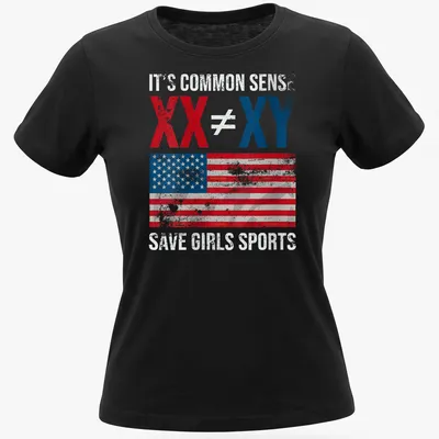 Distressed vintage T-shirt with American flag and bold text on saving girls sports. — printed on a women's shirt