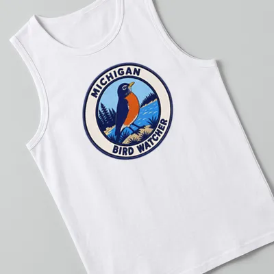 Vintage patch graphic of an American Robin with Michigan Bird Watcher text — printed on a tank top