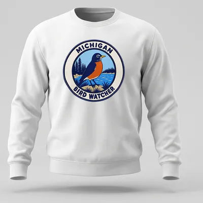 Vintage patch graphic of an American Robin with Michigan Bird Watcher text — printed on a unisex sweatshirt