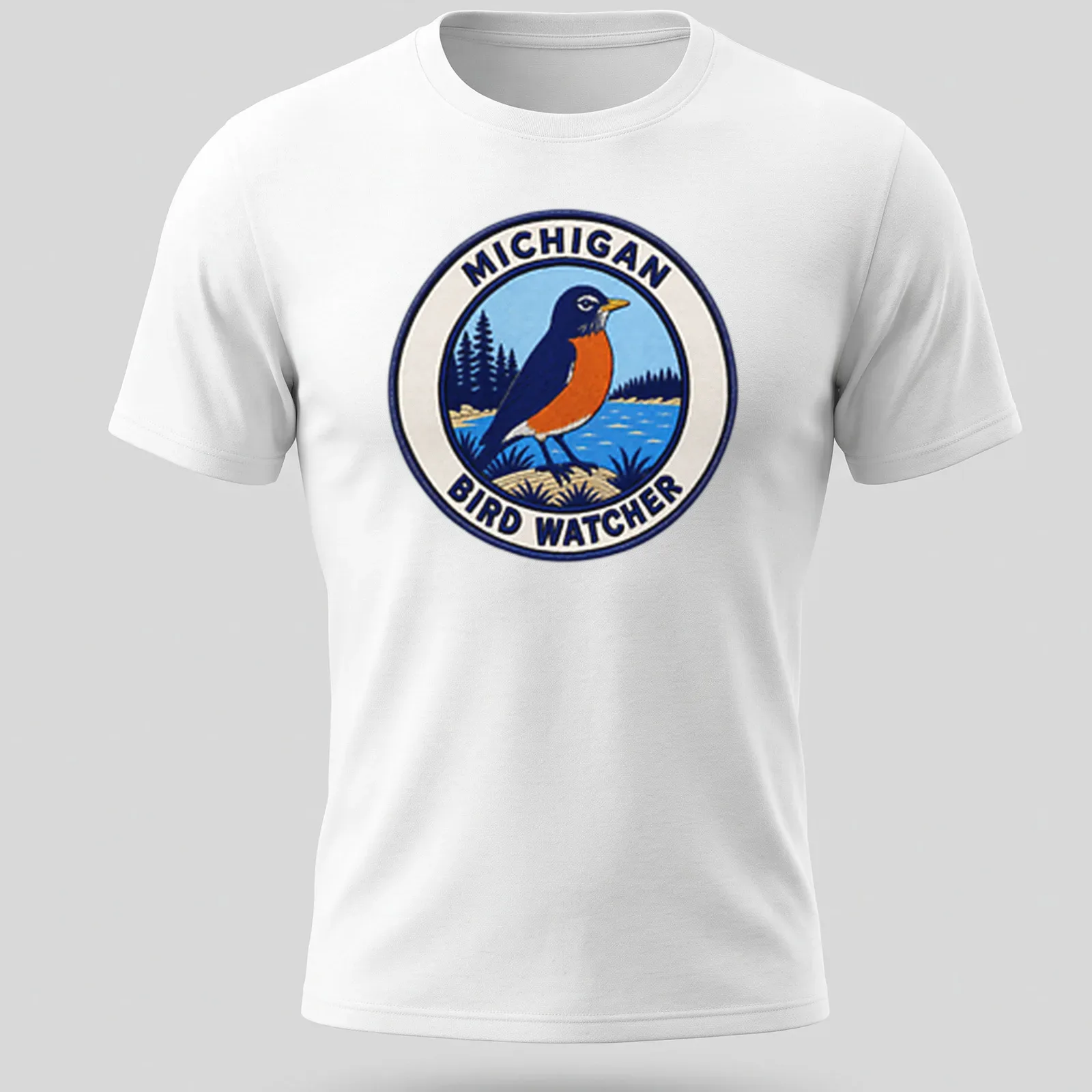 Vintage patch graphic of an American Robin with Michigan Bird Watcher text — printed on a unisex t-shirt