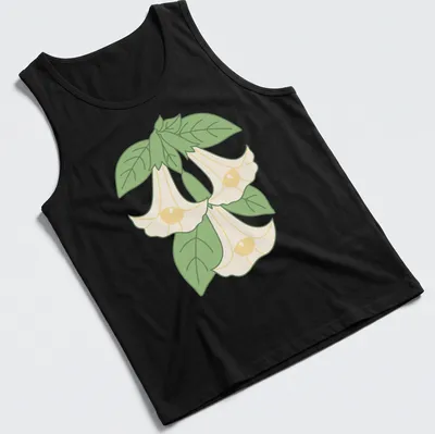 Kawaii line-art of Angel's trumpet flowers in light yellow and green — printed on a tank top