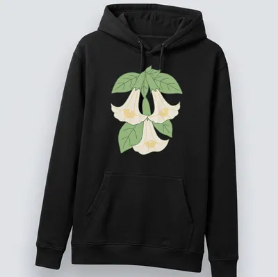 Kawaii line-art of Angel's trumpet flowers in light yellow and green — printed on a unisex hoodie