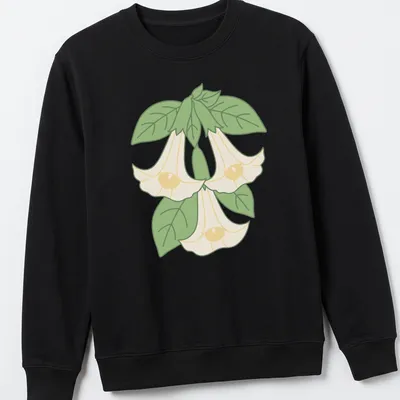Kawaii line-art of Angel's trumpet flowers in light yellow and green — printed on a unisex sweatshirt