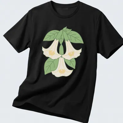 Kawaii line-art of Angel's trumpet flowers in light yellow and green