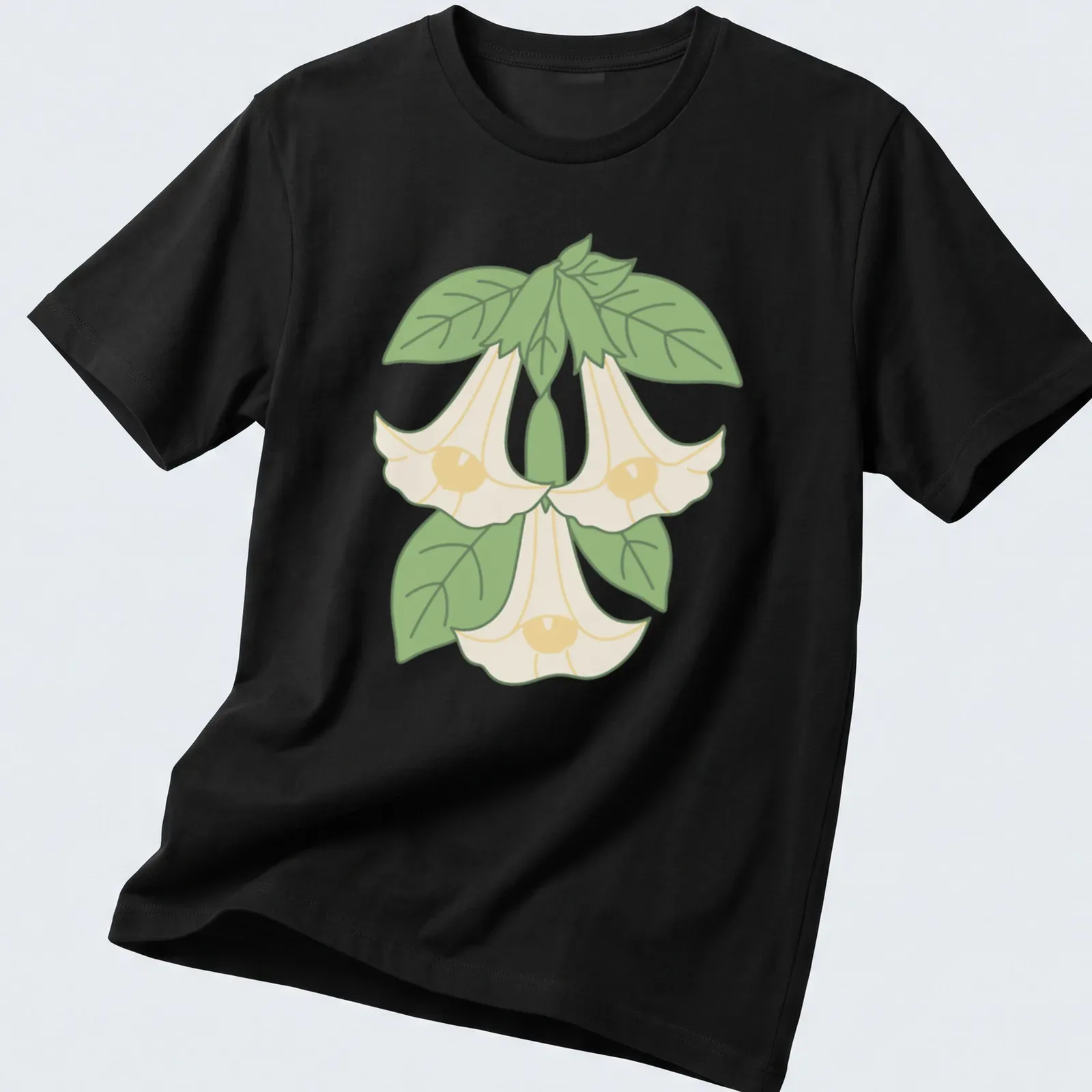 Kawaii line-art of Angel's trumpet flowers in light yellow and green — printed on a unisex t-shirt